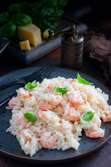 Wall Mural - Shrimp risotto with cream sauce, selective focus