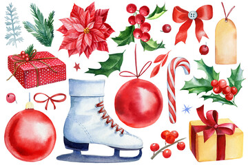 Wall Mural - Christmas set of elements on white isolated background, ball, bow, skates, holly, poinsettia Watercolor illustration.