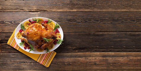 Wall Mural - Thanksgiving chicken on wooden table gala dinner, top view