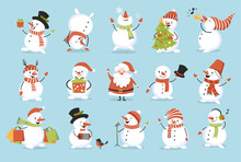 Cute Christmas Snowmen Set. Funny Playful Characters. Perfect For New Year And Winter Holiday Card, Poster And Banners.