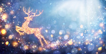 Christmas Card - Shiny Reindeer In Defocused Glittering Background - Contain 3d Illustrations