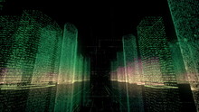 Moving Through The Green Colored Neon Model Of Abstract Digital City Contained Of Numbers And Grids On Black Background. Business, Technology And Digital Tech Concept. 3d Rendering In 4k Ultra HD