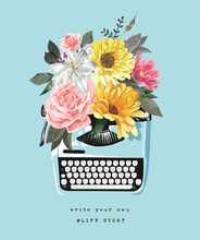 Colorful Bouquet Of Flowers In Blue Typewriter Illustration