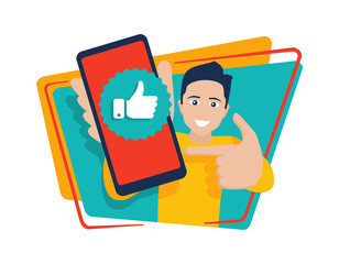 Happy young smiling man holding phone with thumbs up (like) mark on a screen - vector illustration in flat cartoon style