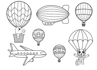 Funny coloring kids air transport set with little animals. Hot air balloon, airship, airplane and parachutist cartoon black and white vector illustration isolated on blue background