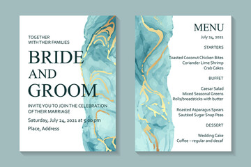 Modern abstract luxury wedding invitation design or card templates for birthday greeting or certificate or cover with teal blue watercolor waves or fluid art in alcohol ink style with gold on a white.