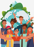 Fototapeta Dinusie - Group of young people taking a selfie and laughing. Eco friendly ecology concept. Nature conservation vector illustration. Holidays time, vacation, recreation and travel vector design