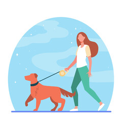 Wall Mural - Young woman walking dog on leash. Girl leading pet in park flat vector illustration. Animal care, adoption, lifestyle concept for banner, website design or landing web page