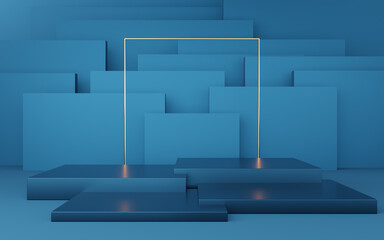 Empty blue cube podium with gold border and gold square on blue box background. Abstract minimal studio 3d geometric shape object. Mockup space for display of product design. 3d rendering.