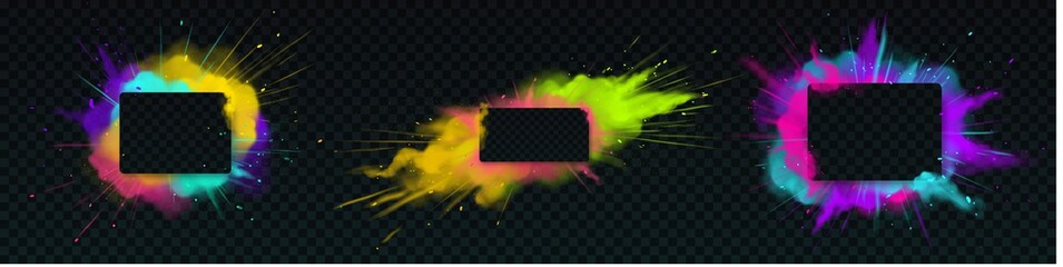 Wall Mural - color powder explosion with rectangle banners. clouds of colorful dust with particles. vector realis