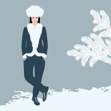 Girl, Jacket And Hat With Fur Trim - Vector. Winter Landscape. Fashion Beauty. Artificial Fur