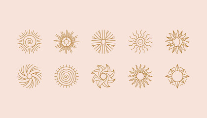 Fototapete - Vector set of linear boho icons and symbols - sun logo design templates  - abstract design elements for decoration in modern minimalist style for social media posts
