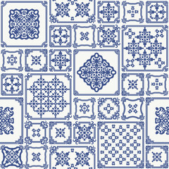 Seamless patchwork pattern of blue painted mosaic tiles with geometrical and floral ornaments in Dutch majolica ceramic style. Wallpaper décor, batik print, surface map, wrapping paper