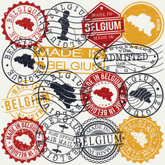  Belgium Set of Stamps. Travel Passport Stamp. Made In Product. Design Seals Old Style Insignia. Icon Clip Art Vector.