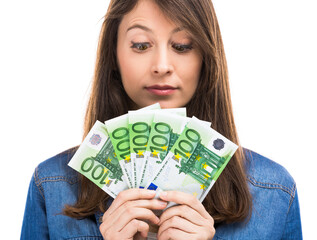 Wall Mural - Woman holding some Euro currency notes