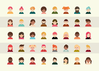 Canvas Print - people diverse faces of different ethnicity flat icons set