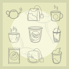 Sticker - tea, herbal kettle product pack leaf cups and sugar icons line style