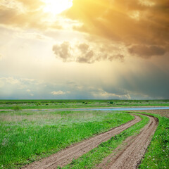 Canvas Print - dramatic sunset and road in green grass