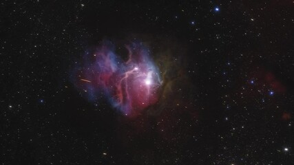 Wall Mural - Spaceship flies around the Orion nebula in space. Billions of stars in the Milky Way galaxy. Beautiful red nebula and clusters of stars