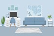 © Alyona - Modern interior in elegant colours with workplace, computer, lamp, cozy sofa, chair, plants and window stock vector illustration. Empty room for your design. Cabinet