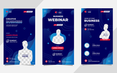 Collection of social media stories post templates. Vector graphic of aquatic background with blue color and wave shapes, perfect for business webinars, marketing, online class and other online seminar