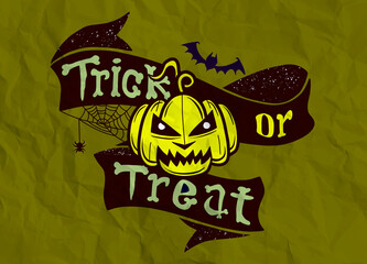 Wall Mural - Trick or treat isolated quote and design elements. Vector holiday illustration. Hand drawn doodle letters, skull and pumpkin