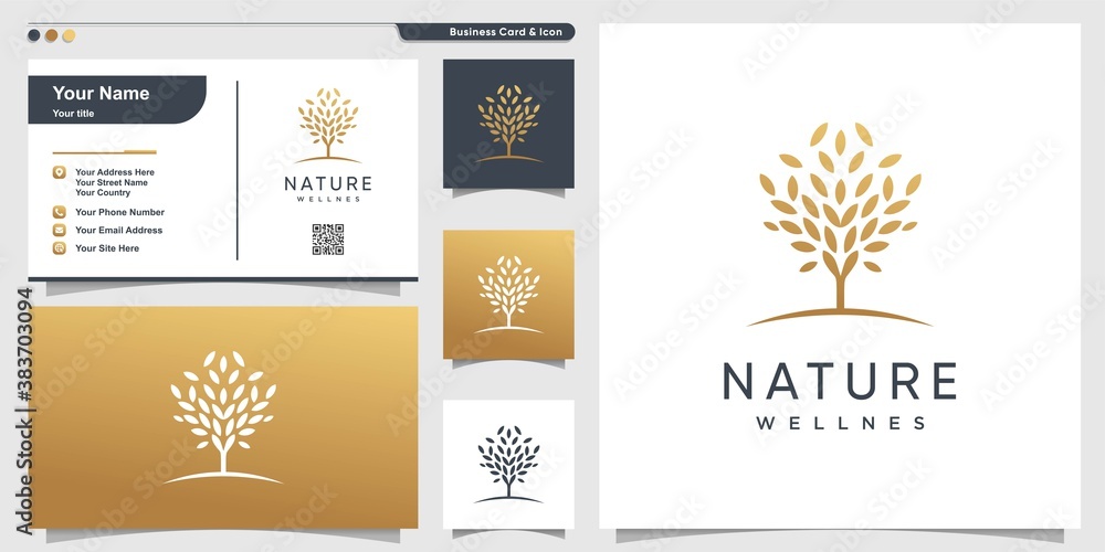 Tree logo with golden natural concept and business card design template ...