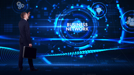 Business, technology, internet and network concept. Young businessman thinks over the steps for successful growth: Business network