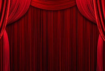 Red curtains theater scene stage backdrop. Curtain with space for copy. show background performance concert. Open red curtains with glitter opera or theater background. Empty scene with a red curtain.