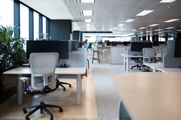Modern flexible office work space interior fitout rows desks chairs T5 lights computer stations screens