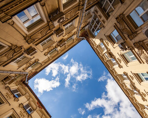 Wall Mural - Moscow, Russia, August 11, 2020. The architectural ensemble of the historic district of the city. Fragment of facade