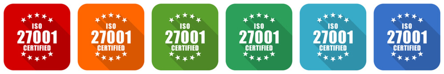 Aufkleber - Iso 27001 icon set, flat design vector illustration in 6 colors options for webdesign and mobile applications