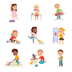 Canvas Print - Funny Children Doing Housecleaning Mopping the Floor and Washing Dishes Vector Set