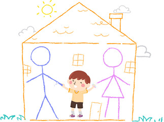 Sticker - Kid Boy Draw Chalk Parents Home Happy Illustration