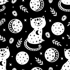 Wall Mural - black seamless pattern with magic cat and moon