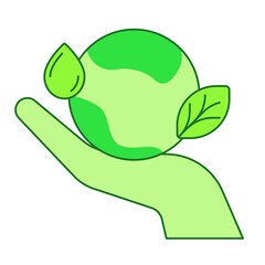 Wall Mural - Save the earth concept hand hold earth leaf drop water white isolated background with green theme flat outline style