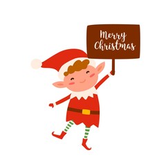 Cute christmas elf holding sign with Merry Christmas inscription. Happy childish xmas dwarf demonstrate holiday poster. Flat vector cartoon illustration of joyous santa helper isolated on white