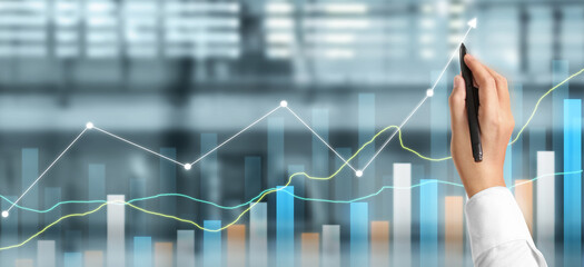 Hand draw chart, growth graph progress of business analyzing financial and investment data