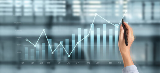 Hand draw chart, growth graph progress of business analyzing financial and investment data