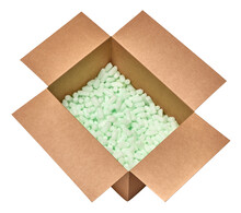 Cardboard Box With Packing Peanuts Or Pellets From Top View. Isolated On White Background. 
