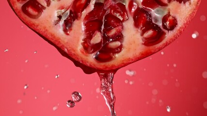 Fototapete - Super Slow Motion of Water Splash on Fresh Backlit Pomegranate Slice. Shot at 1000 fps.