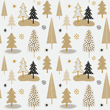 Seamless Pattern For Winter And Winter Holidays Using Hand Drawn Trees. For Background, Wallpaper, Wrapping Paper, Scrapbooking, Textile, Etc.