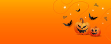 Halloween Horror Story. Happy Halloween Background Template With Orange Trick Or Treat Pumpkin And Color Candy, Bats On Orange Background.
