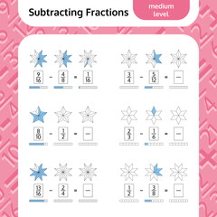  Subtracting Fractions Mathematical Worksheet. Stars. Coloring Book Page. Math Puzzle. Educational Game. 