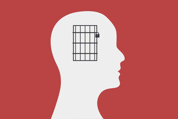 Wall Mural - Closed minded illustration. Bars and a lock inside of a persons brain. Human head flat outline icon.