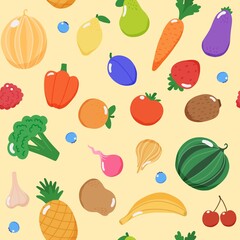 Wall Mural - Fruits and vegetables seamless pattern, vector illustration in flat style