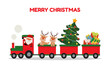 © cloverlittleworld - Cute santa and reindeer riding Christmas train. Winter holiday clip art. Train carrying presents and christmas tree.  Flat vector cartoon style isolated on white background.