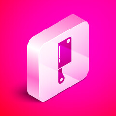 Poster - Isometric Meat chopper icon isolated on pink background. Kitchen knife for meat. Butcher knife. Happy Halloween party. Silver square button. Vector.