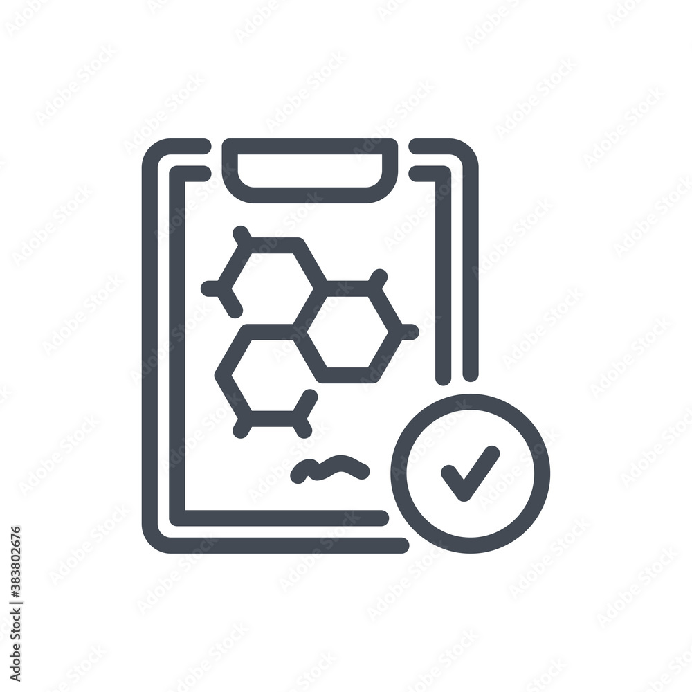 Clipboard with molecule formula and check mark line icon. Experiment ...