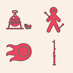 Wall Mural - set magic wand, witch cauldron and magic stone, voodoo doll and fireball icon. vector.